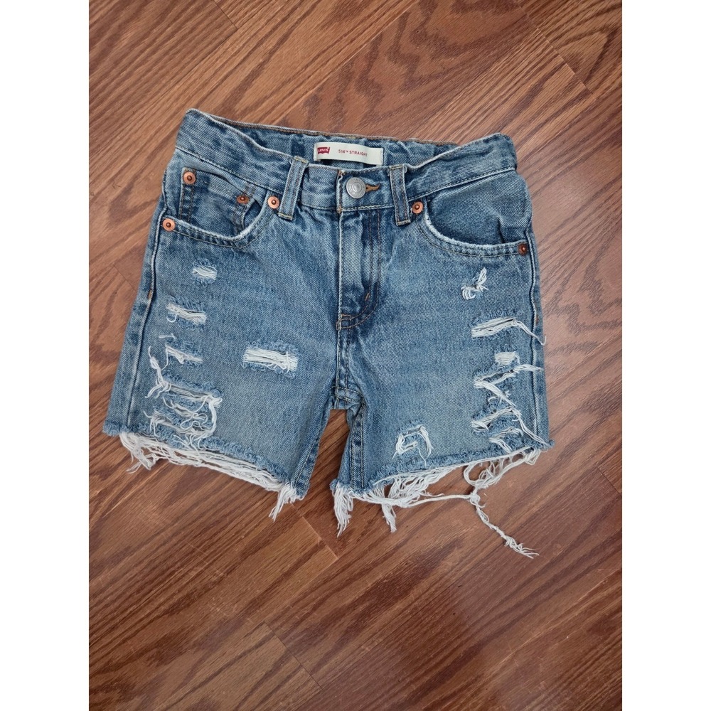 Levis 514 Straight Boys Denim Shorts Distressed Frayed Hem Blue Size 7 Reg‎